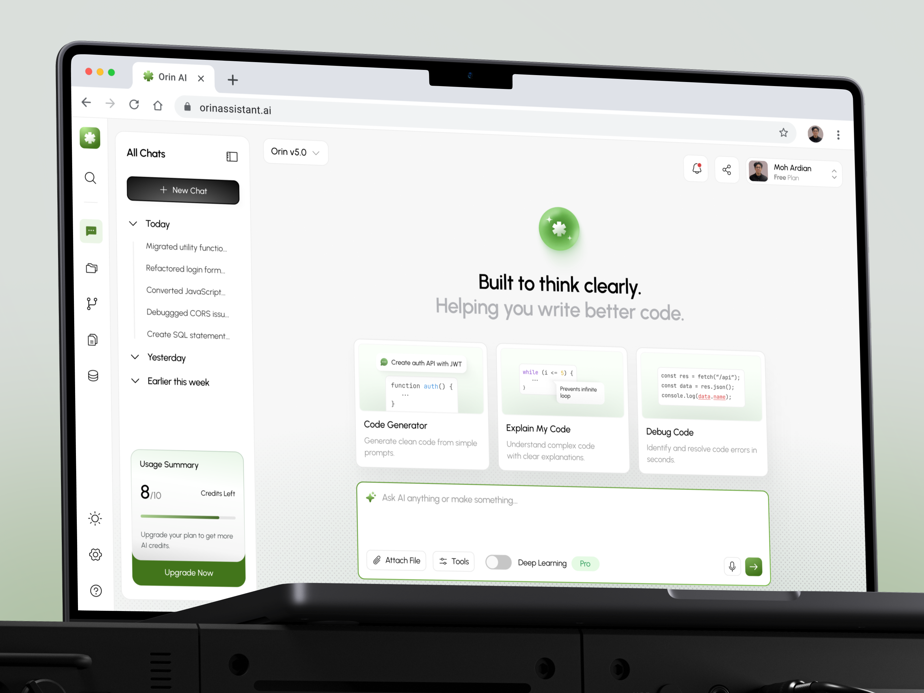 Orin AI - AI Dev Assistant Dashboard ai ai assistant ai code editor ai dashboard ai editor artificial intelligence bento layout chat code ai code assistant code dashboard code editor code generator dashboard dashboard design dev assistant dev dashboard product design programmer dashboard website