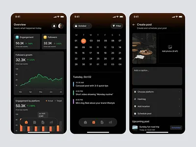Social Media Management Mobile App: Analytics & Post Schedule analytics app design calendar chart dark mode instagram ios mobile app product design saas social media social media engagement social media management social media planner social media post uiux