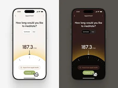 freud v3: AI Mental Health App - Meditation Time Picker UI ai mental health app brown clean dark mode figma token flat freud ui kit green grega meditation timer mindfulness app minimal mobile timer onboarding ui slider component slider ui strangehelix time picker time picker ui yellow