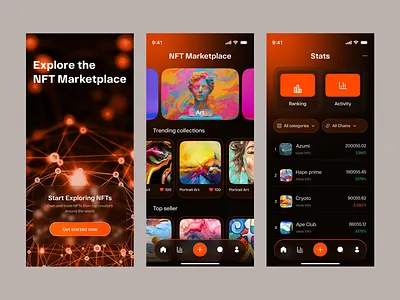 NFT Marketplace Mobile App UI art blockchain coin dark theme dashboard ui digital art ios app marketplace app mobile mobile app design modern ui nft nft marketplace nftcommunity saas design trending ui ui design ux design web3 web3 design