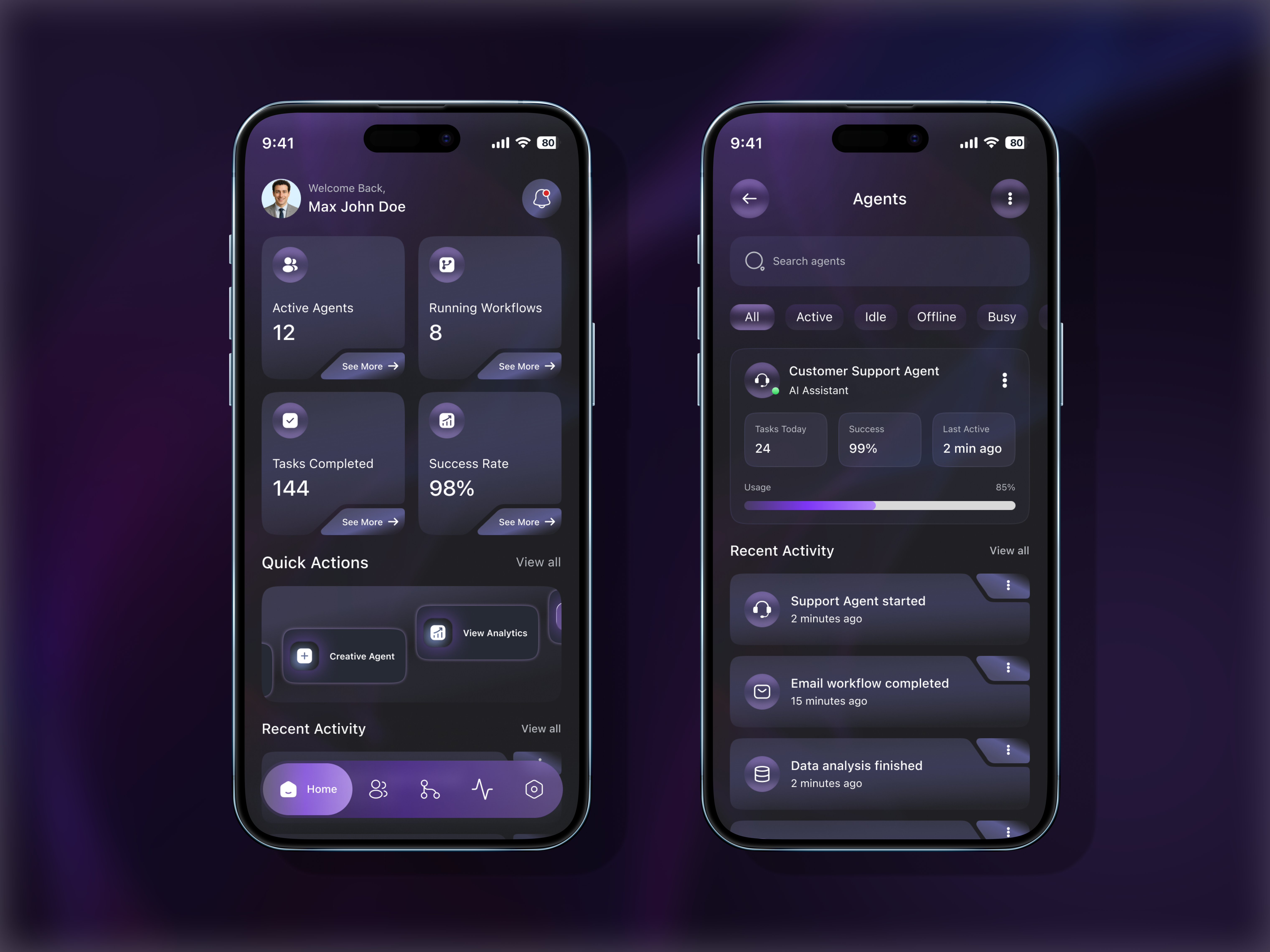 Example of AI Agents Dashboard — Mobile App UI
