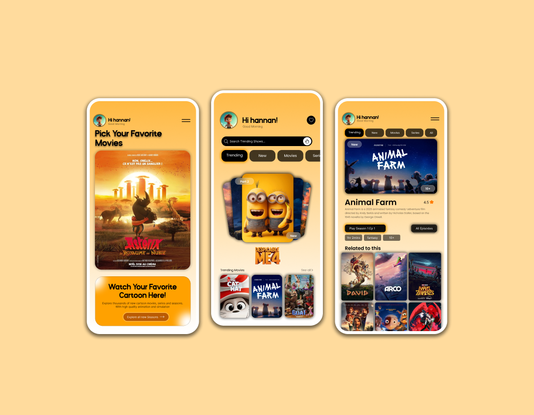 Cartoon and movies Streaming App 3d animation appdesign appui cartoon catoonapp design figma films graphic design illustration mobileapp motion graphics movies playful streamingapp ui ux