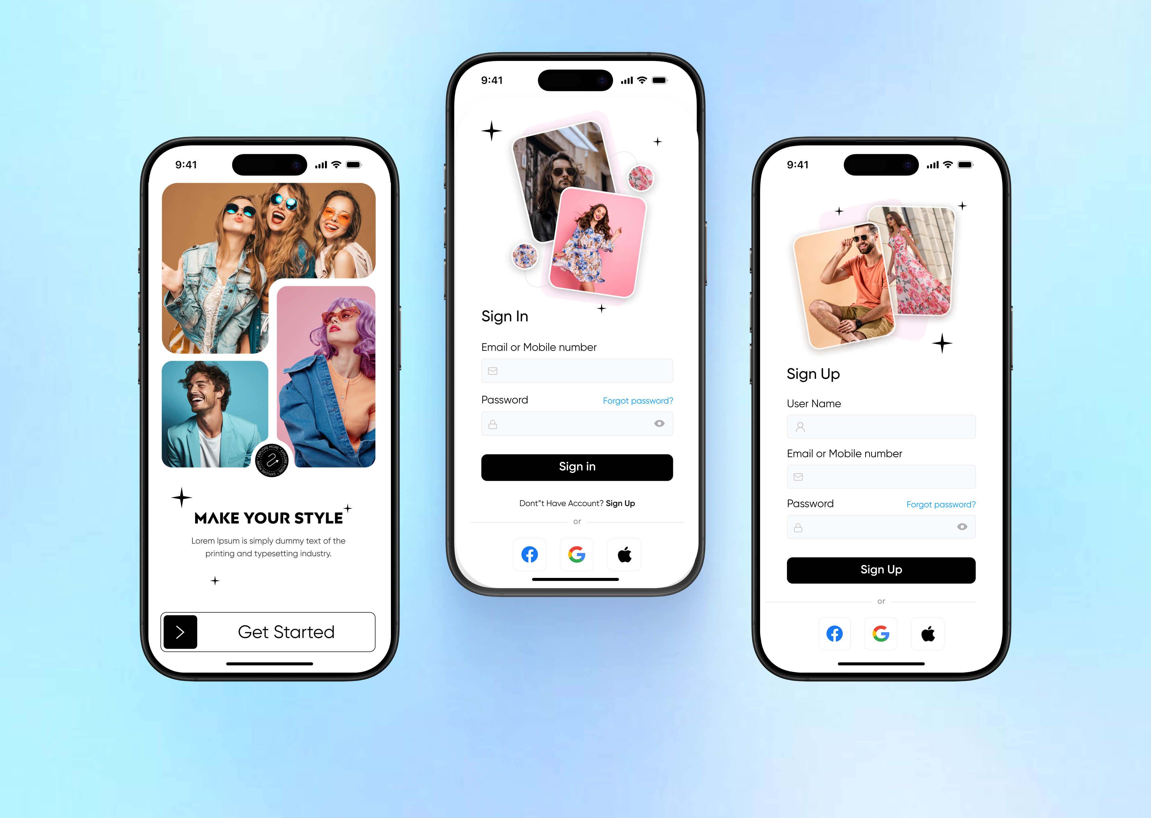 Fashion App UI Concept – Make Your Style authentication cleandesign gradientbackground login mobileapp mobiledesign onboarding signup uidesign uxdesign visualdesign