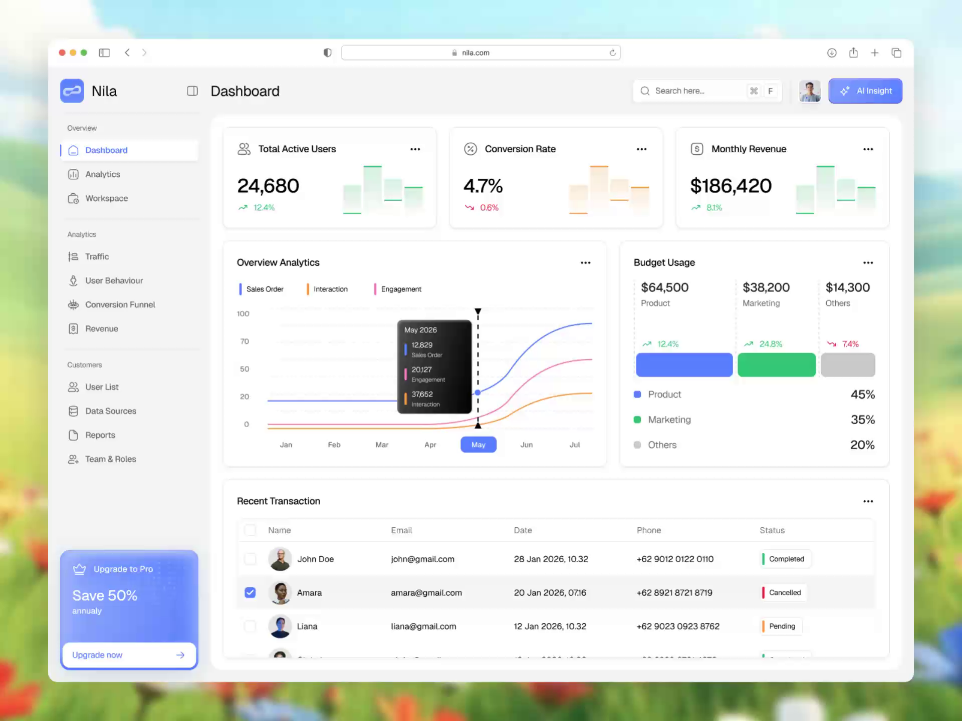 Example of Nila — SaaS Analytics Dashboard