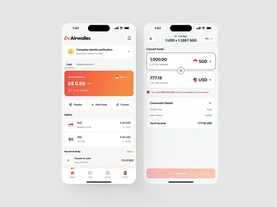 Airwallex Redesign Concept – Mobile Finance Experience app redesign banking app design currency exchange fintech app ui fintech design fintech ux mobile app design mobile fintech product redesign ux ui design