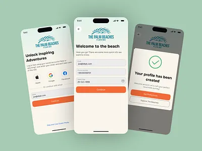Palm Beaches Signup / Onboarding Flow Mobile App UI app onboarding flow clean interface form ui design login screen design minimal ui mobile app onboarding mobile ux onboarding ui product design sign up screen ui tourism app ui travel app design user experience design