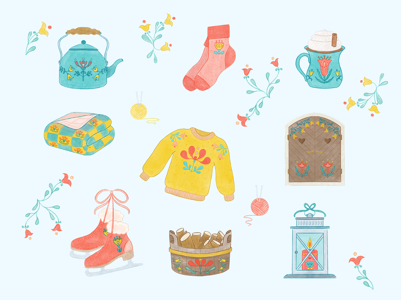 Hand Drawn Hygge Stickers brand branding colors design fun hand drawn hygge icon icons illustration logo print set shop stickers store winter