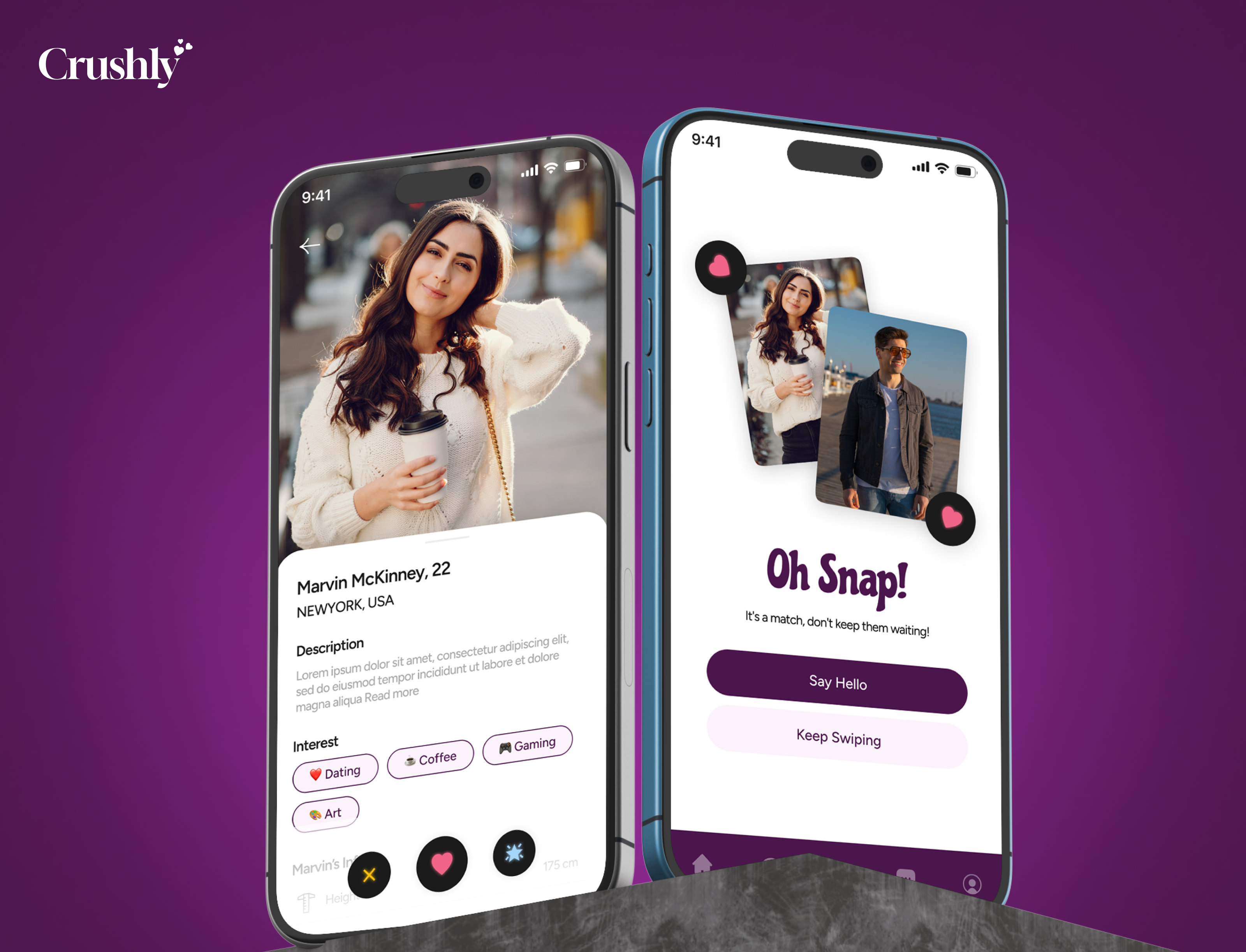 Crushly – Modern Dating App UI 💞 app ui app ui kit branding creative app dating app ui figma graphic design landing page logo matchmaking minimal ui mobile app ui modern app design social media app theme ui ui kit ui ux design