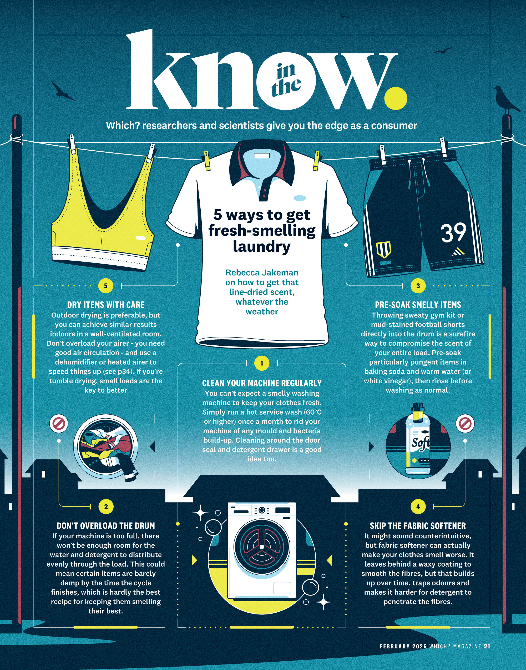 5 ways to get fresh-smelling laundry (Which?) dry hang illu illustration infographic laundry machine softner wash washing
