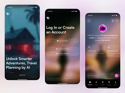 Smart Travel Assistant — AI-Powered Trip Planner Mobile App UI ai ai assistant ai chat ai startup ai travel ai travel planner app booking app chat ui design glassmorphism saas smart travel assistant startup tourism app travel travel app trip planner ui web