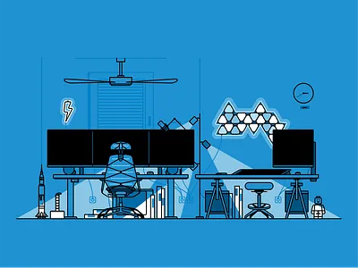 Design room branding chair creative design design room desk destop graphic design icon icon set illustration lego lights monitor place power rocket thor vector work