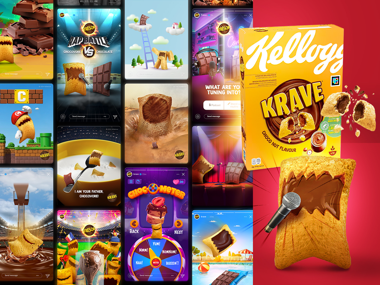 Kellogg's Chocovores Cereal Mascots - Social Media Designs breakfast breakfast cereal cereal cereal mascots chocolade vulling chocolate chocovore crunhy graphic design kelloggs kelloggs krave kelloggs tresor krave mascotte mischievous ontbijtgraan posts social media square shaped mascots tresor