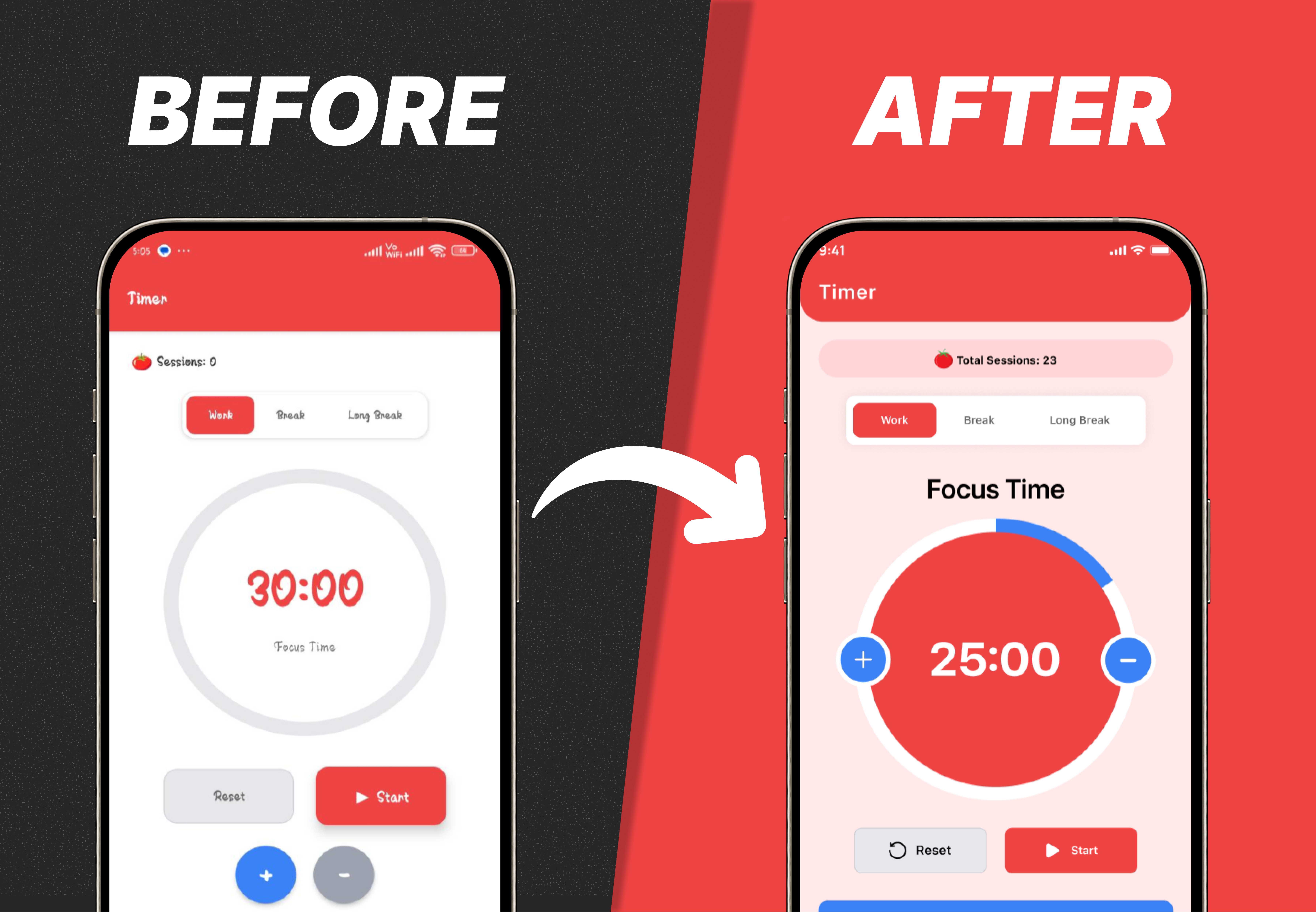Focus Timer App UI Redesign – Pomodoro Mobile App app redesign app ui dashboard ui focus app mobile app design pomodoro timer productivity app timer app ui design user interface ux design