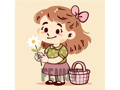 Cartoon of a Girl Happily Holding a Flower beauty bloom blooming blossom botanic botanical cartoon decorative floral flower garden gardener happy holiday nature outside park seasons spring springtime