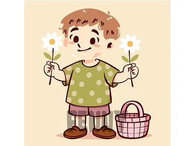 Cartoon of a Boy Holding Flowers and a Basket beauty bloom blooming blossom botanic botanical cartoon decorative floral flower garden gardener happy holiday nature outside park seasons spring springtime