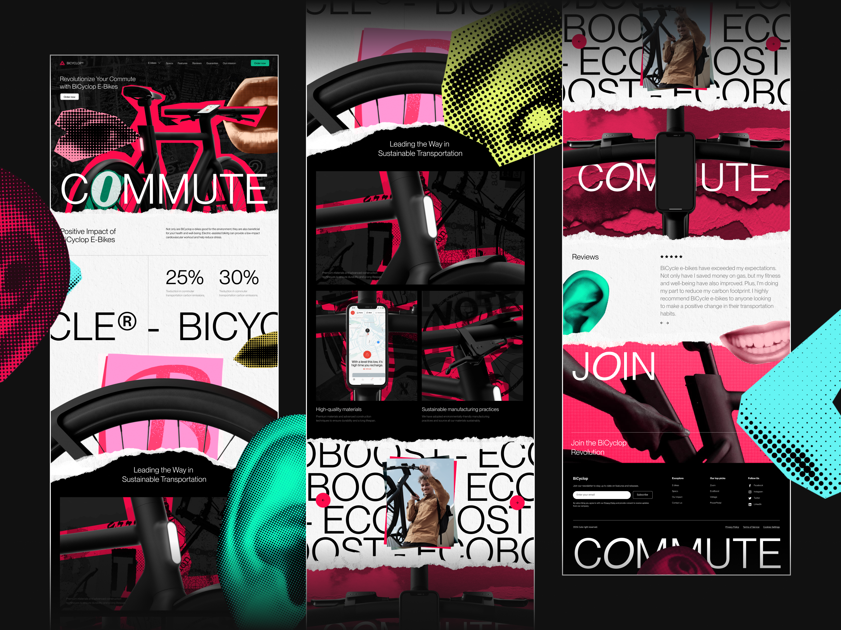 BiCyclope | Lidar-Equipped Bicycle Promo Landing Page bicycle site bike site collage collage site crazy ui graphic design neon colors promo landing promo page retro colors ui web design