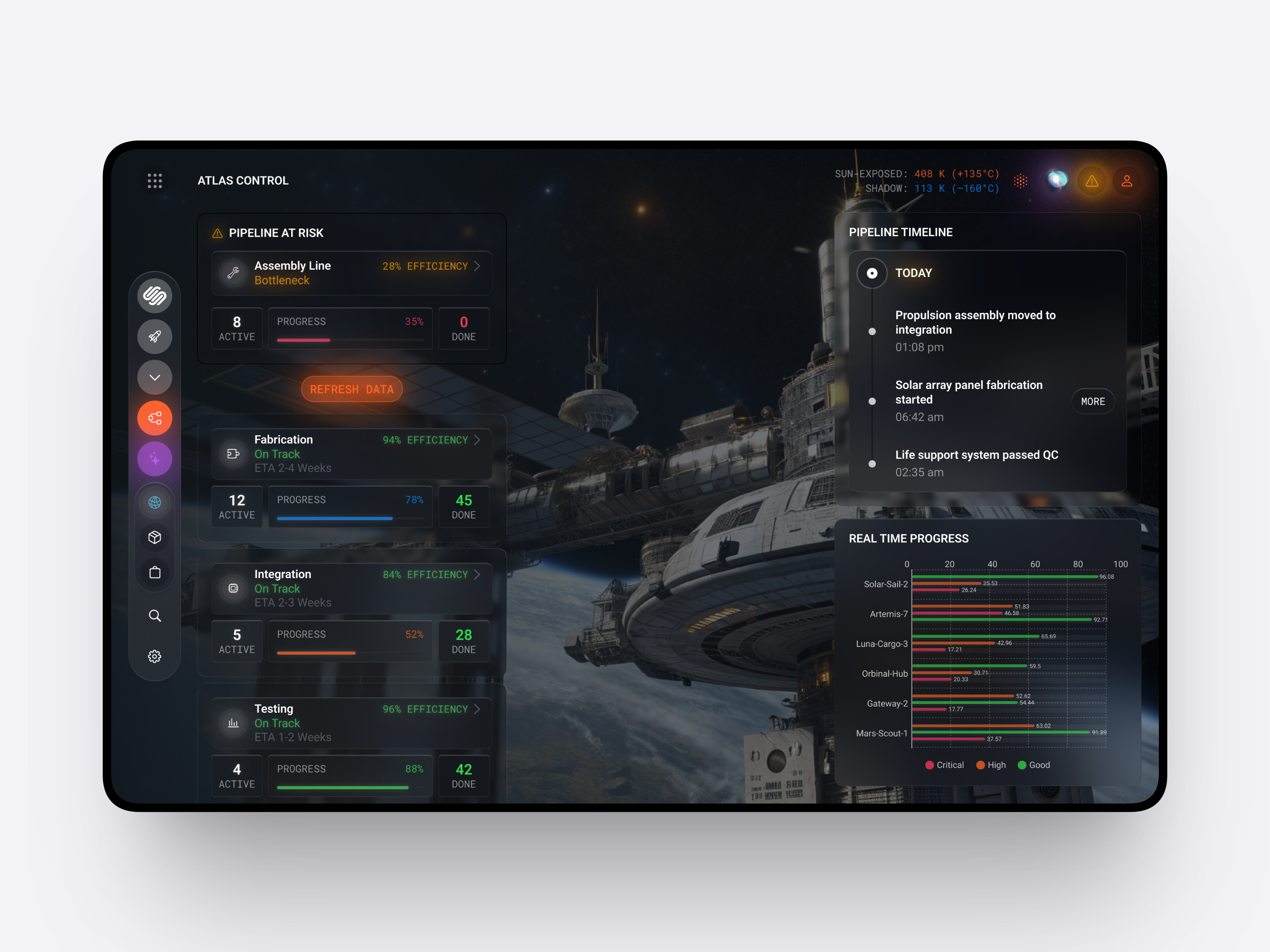 Web App Space Tech Concept Design ai dashboard ai interface analytics ui control panel dark ui dashboard ui data visualization design system enterprise saas futuristic ui high fidelity ui interaction design manufacturing system motion ready product design sci fi ui space tech supply chain platform uiux design web app design