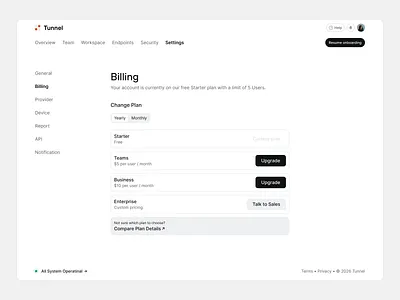 Tunnel - Plans & Billing billing business button dashboard design enterprise monthly mssp plans saas security settings starter team ui upgrade ux vpn website yearly