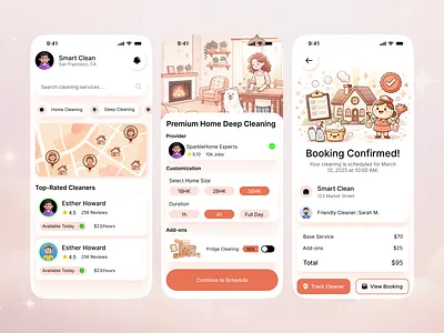 Smart Clean – Home Cleaning Service Mobile App UI app apps design booking app cleaningserviceapp figma figma design modern app modern ui startup app ui ux