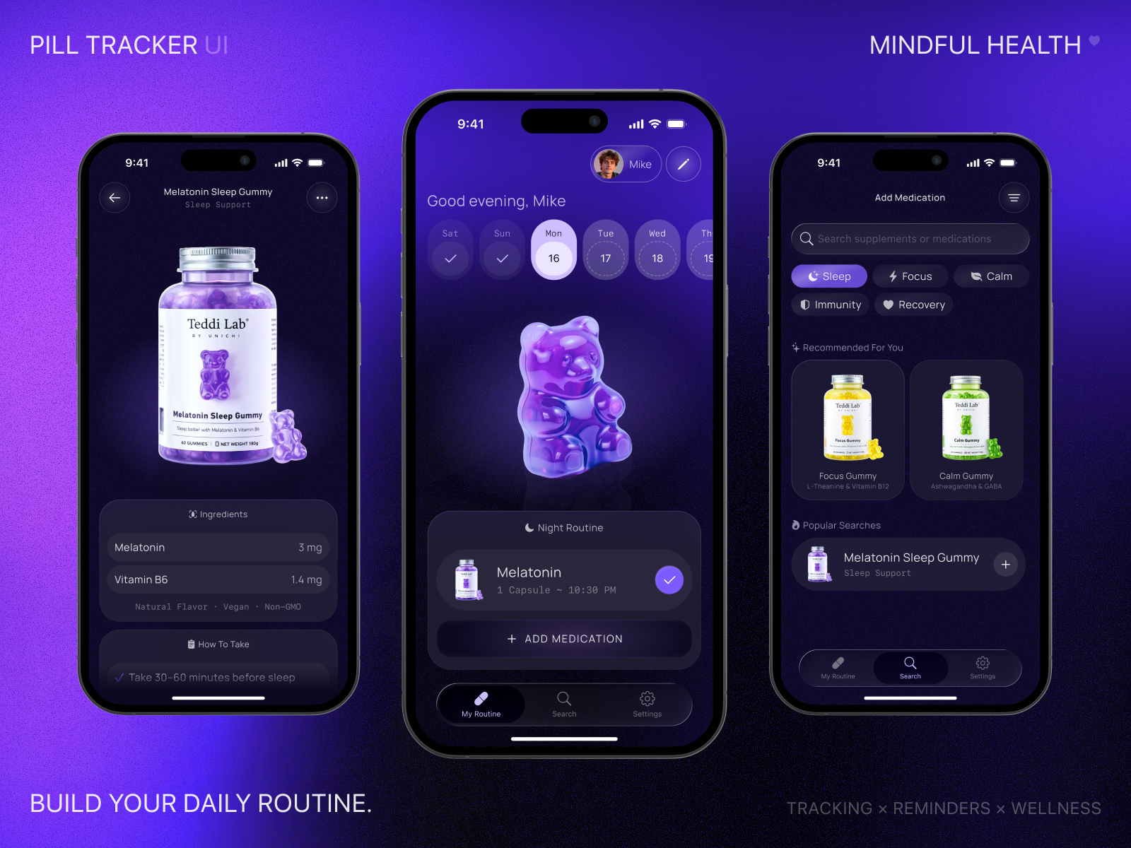 💊 Pill Tracker — Mindful Health App appdesign dailyroutine darkui habittracker health healthapp healthcare ios iosapp iosdesign medication minimalui mobileapp pilltracker productdesign trackerapp ui uiux ux wellness