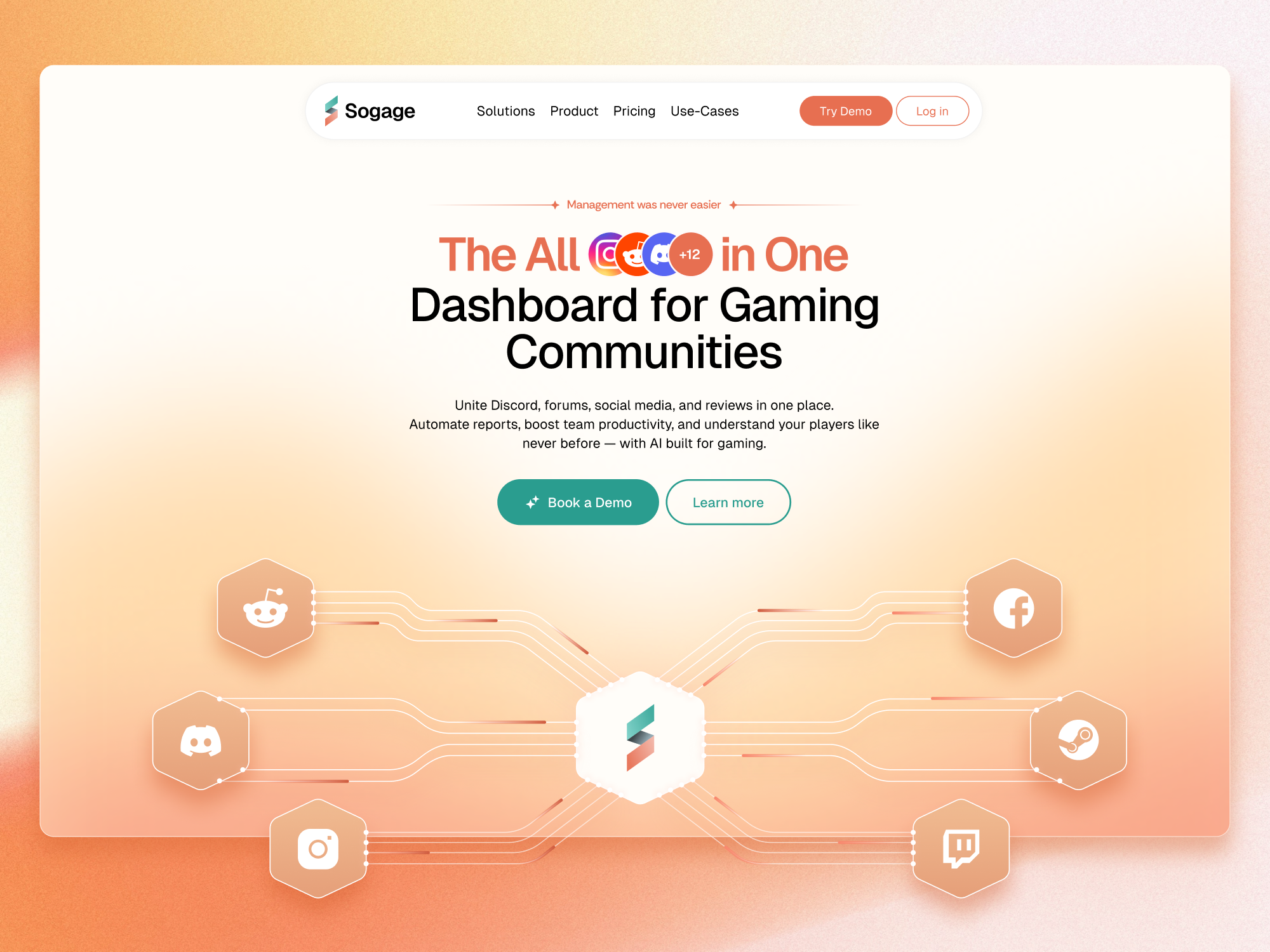 Sogage | AI Gaming Community Dashboard & Analytics Landing Page ai b2b figma framer landing page redesign responsive design saas startup ui ux webdesign webflow website website design wordpress