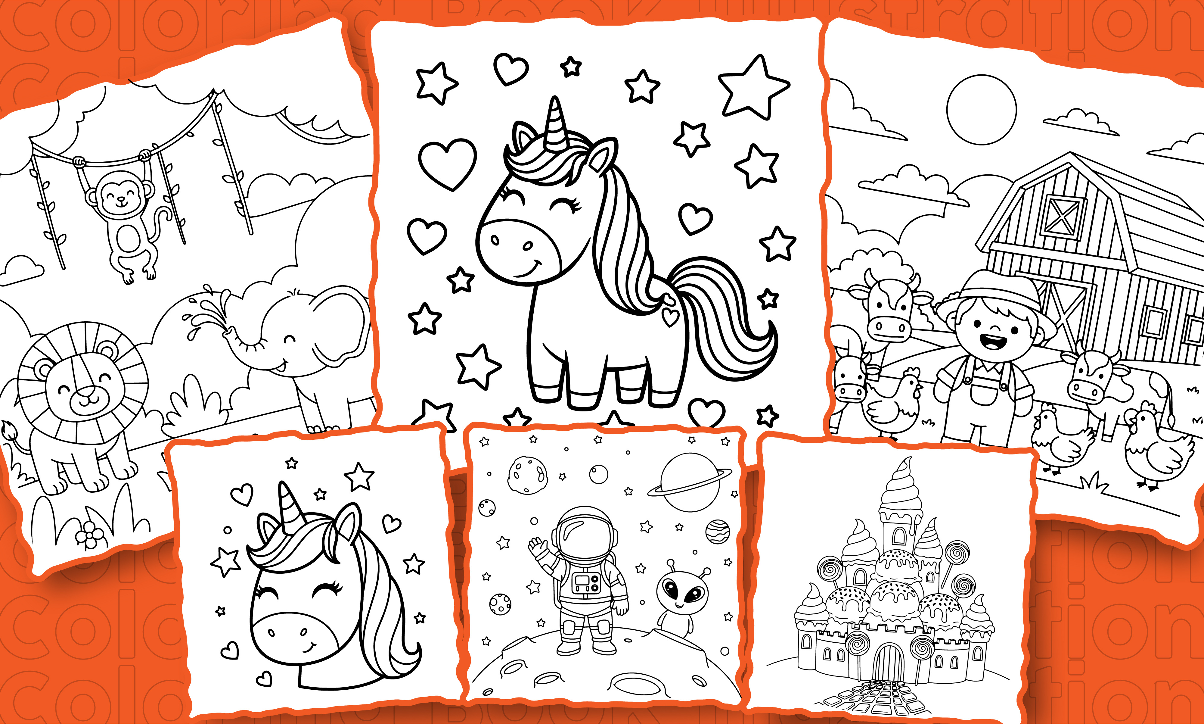 Coloring Book Illustration Set — Kids Line Art Collection branding coloring book illustrations illustrator kdp kids coloring book kindle line art vector illustration vectorart