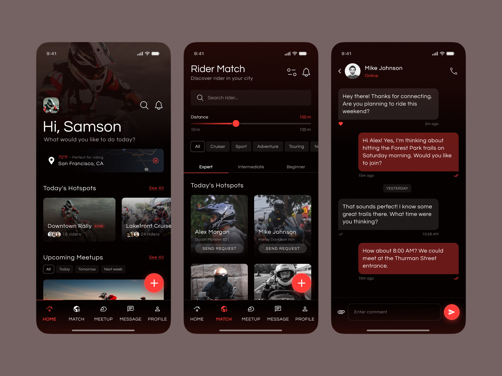 MotoMeet - Riders Social & Meetup Platform - UI/UX Design adobe animation app app design app ui design creative design design design studio gallery app imzul design agency landing page message app minimal mobile app design mobile app ui motion graphics motobike rider app ui ux ui ux design