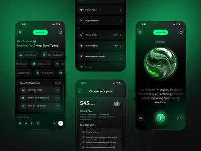 AI Chatbot Mobile App aiapp aichatbot artifical intelegance chat app chatappdesign chatbot darkmodeui designinspiration figmadesign iosui minimalui mobile app mobiledesign smartassistant uxui voicechatapp