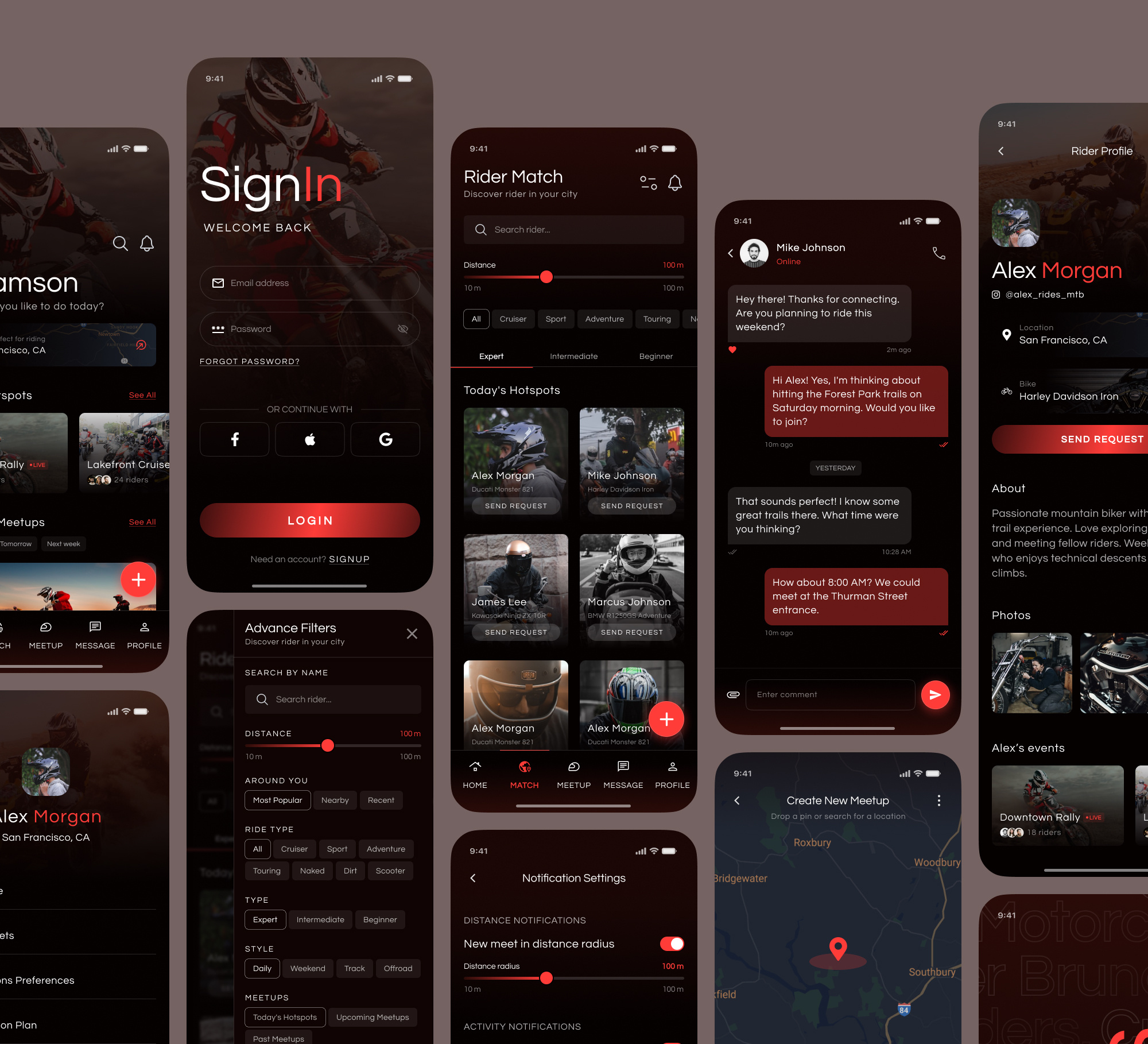 MotoMeet - Riders Social & Meetup Platform - UI/UX Design adobe app app ui ux creative design creative studio design design agency imzul design agency meeting app message app minimal mobile app mobile app design mobile app ui mobile app ui ux rider app signin login ui ui ux ui ux design