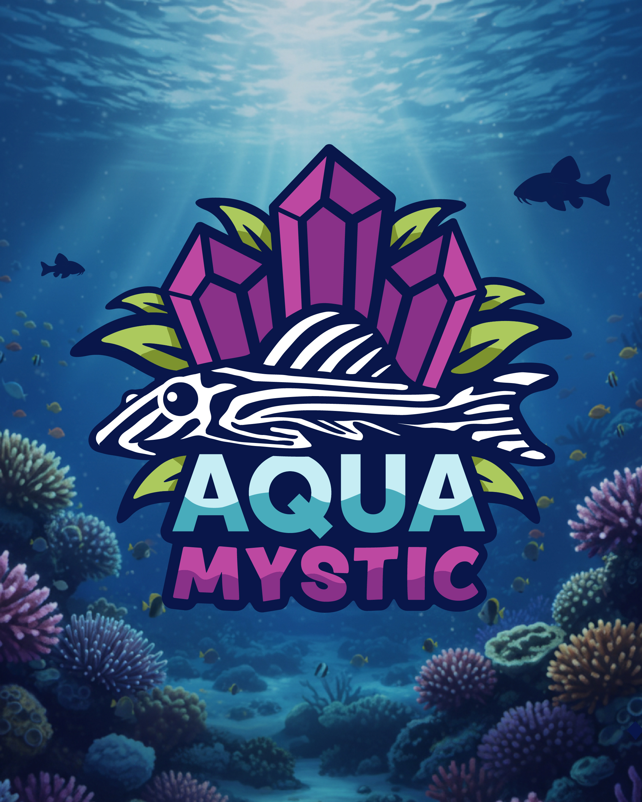 Logo Design - Aqua Mystic aqua aquatic coral reef crystals exotic fish fish logo plants pleco sea
