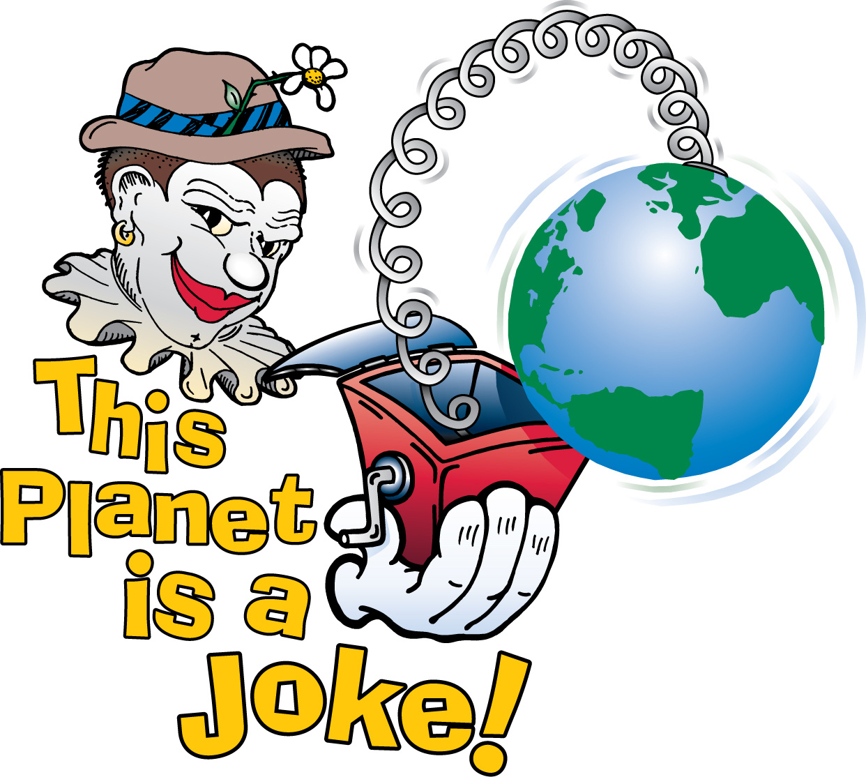 Global affairs commentary clown cynical earring earth emmett kelly flower globe glove grin hat jack in the box jester joke joker makeup red ruffs smirk spring surprise