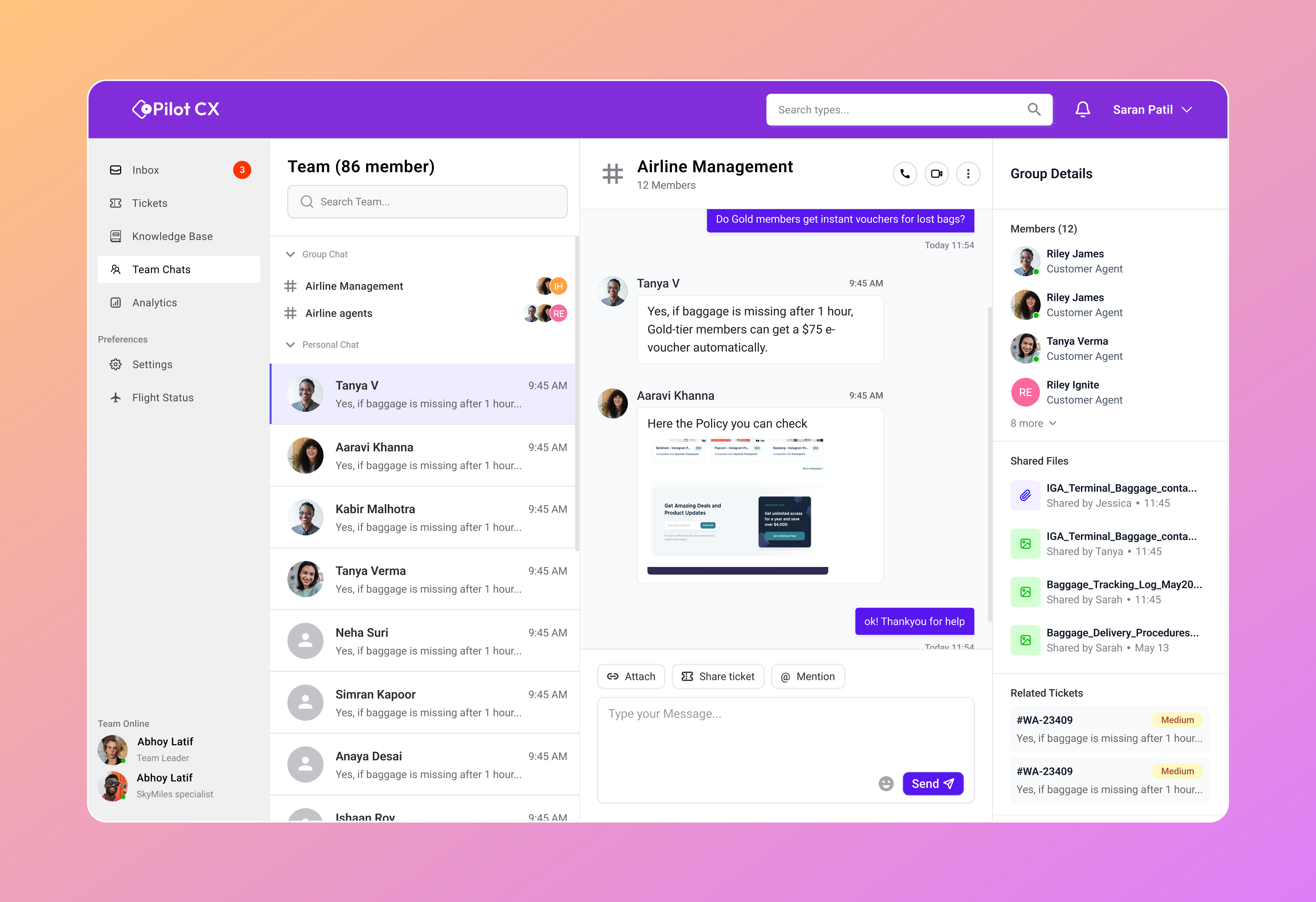 Customer Support Team Chat Dashboard UI | CoPilot CX chat ui crm ui dashboard ui product design saas dashboard support dashboard team collaboration ux ui design web app design