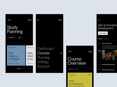 .edsy mobile app app interface clean ui course app course dashboard dark ui dashboard design digital education edtech education app elearning learning platform minimal ui mobile app design mobile dashboard mobile experience product design study planner typography design ui design ux design