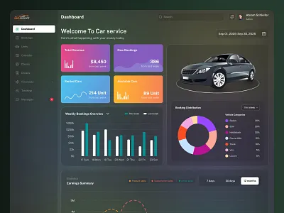 Car Rental Admin Dashboard UI – Car Service Management System admin panel analytics ui booking system booking ui business dashboard car dashboard car rental ui car service ui dark ui data dashboard figma ui finance ui fleet ui management ui rental dashboard saas dashboard transport ui ui design ux dashboard vehicle ui