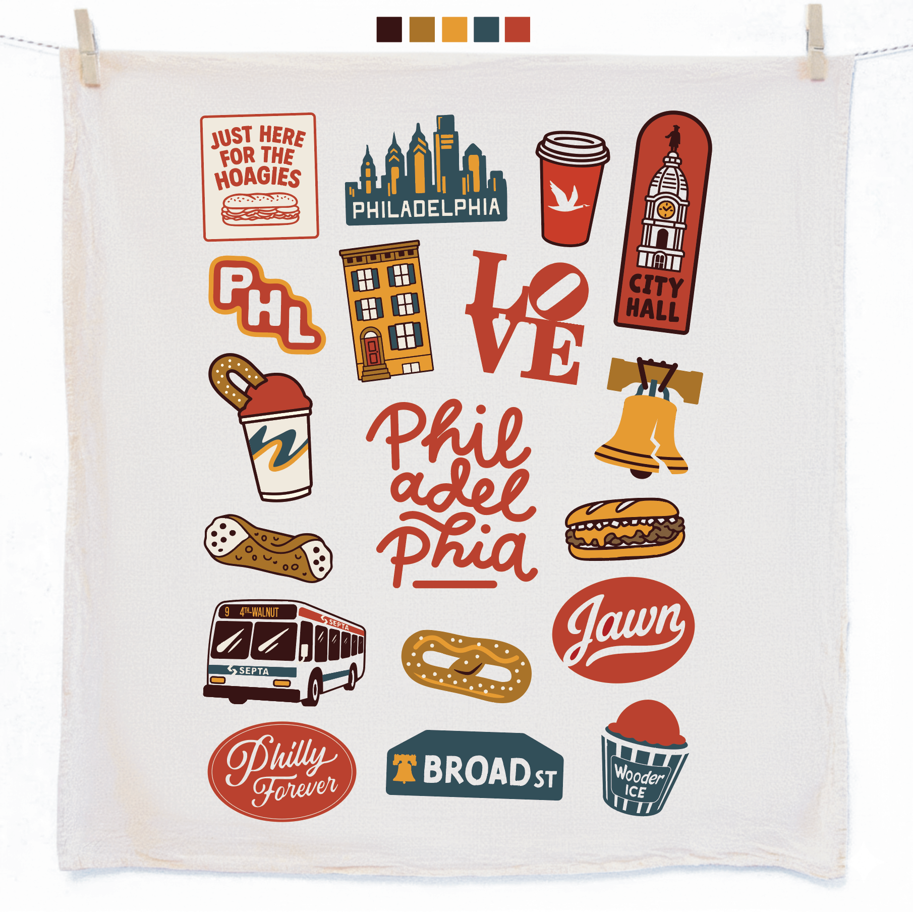 Philly Tea Towel canoli cheesesteak hoagies jawn kitchen liberty bell logo philadelphia philly pretzel septa bus soft pretzel tea towel water ice wawa wooder ice