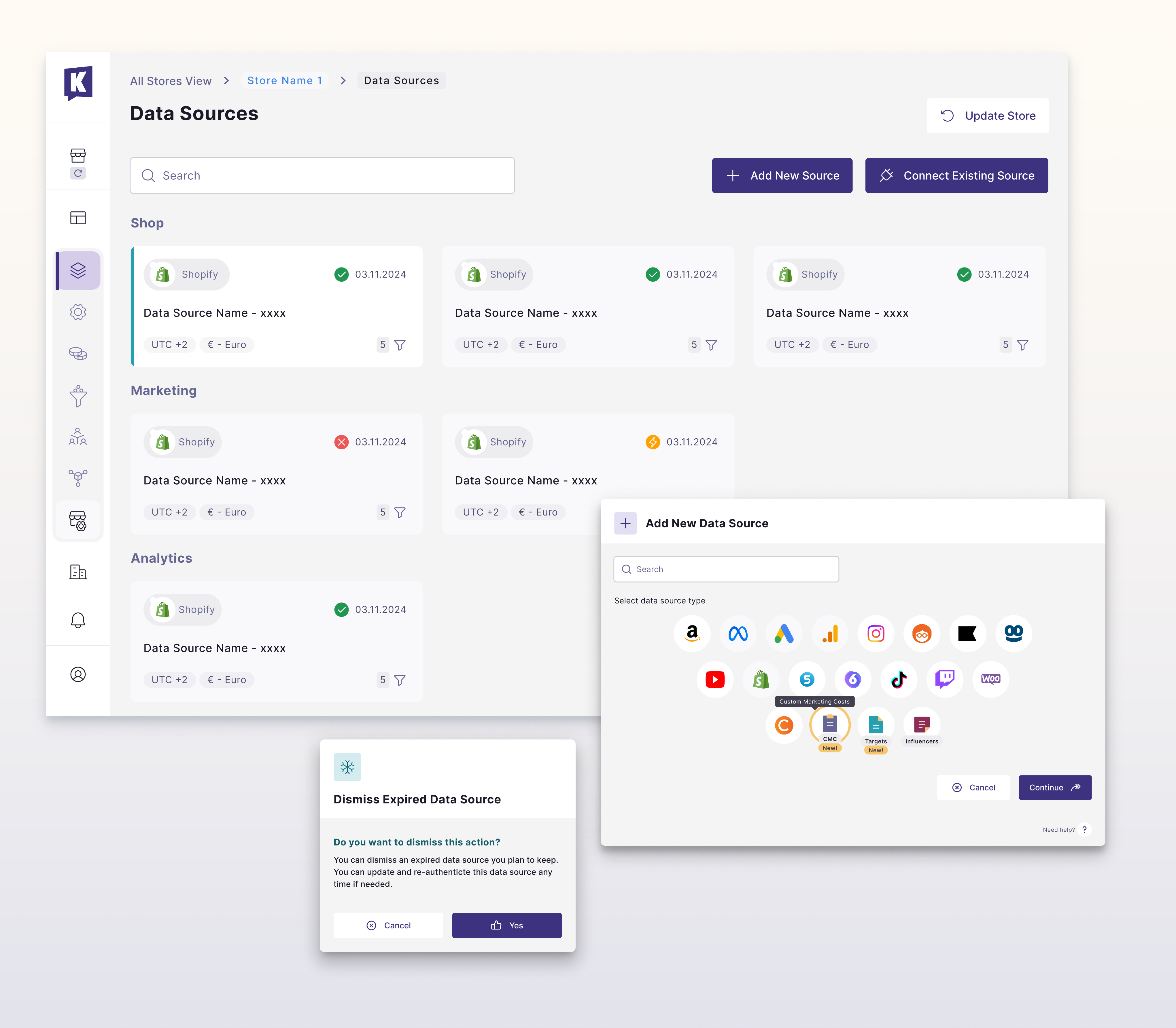 Data Sources Gallery for Store Configurator analytics dashboards data management data sources ecommerce interface design marekting reporting modals selectors ui