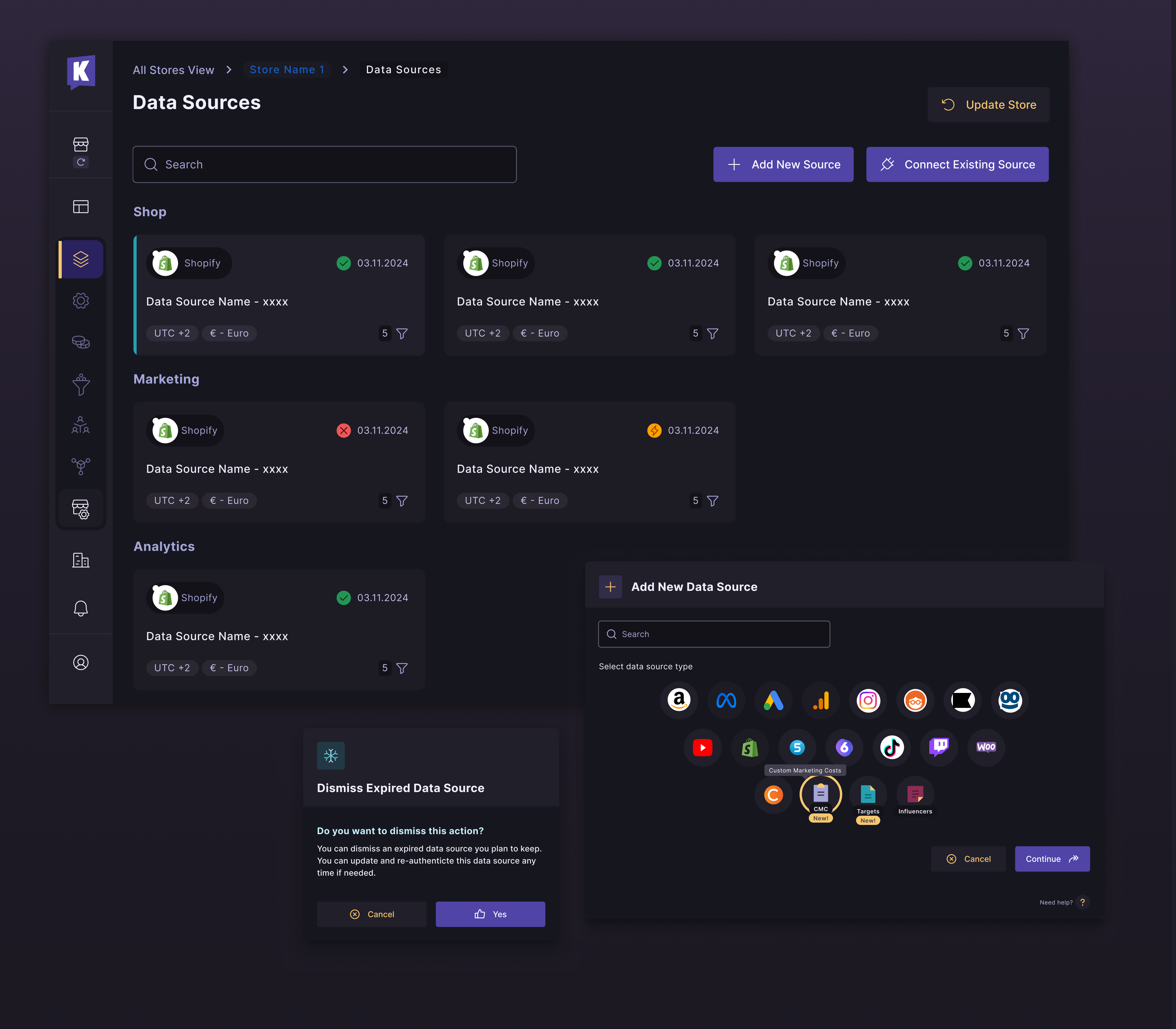 Data Sources Gallery for Store Configurator (Dark mode) analytics dashboards data management data selector data source cards data sources interface modals reporting selector ui