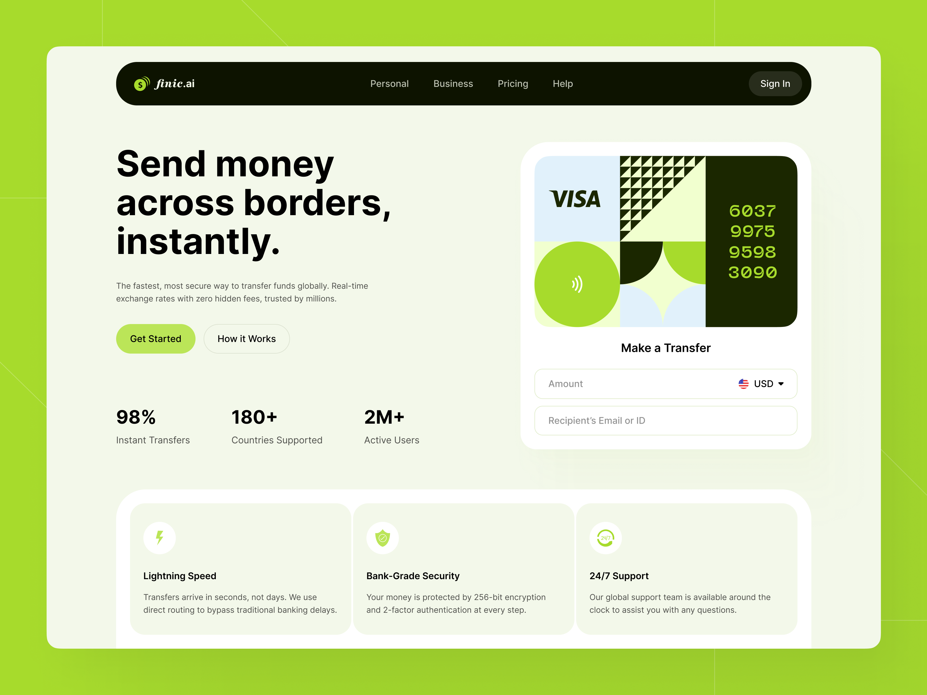 Fintech Landing Page Hero — Cross-Border Money Transfer UI application best card design fintech green hero hire landing page light mode minimal responsive tech transfer ui ux web website