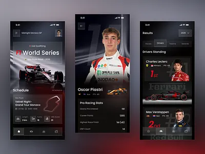 F1 Racing Mobile App UI Design | Formula 1 Sports Dashboard app design automotive design championship app driver stats f1 app formula1 leaderboard design live score app mobile app mobile app design motorsport premium app design racing dashboard racing stats schedule screen sports dashboard sports mobile app sports tracking standings screen ux design