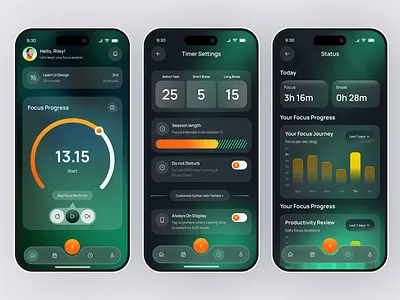 Next Gen AI Productivity App – Focus & Performance System ai ai app design ai assistant ai powered ai productivity app design focus timer app habit tracker app mobile mobile app pomodoro app ui product design saas mobile app smart assistant time management app ui uiux work app