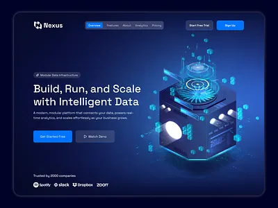 Nexus – Intelligent Data Platform Landing Page UI Design 3d illustration ai data platform aiinterface analyticsdashboard creative web layout dark theme ui dataplatform hero section design isometric design landing page design saas website startup website tech website ui ui ux design