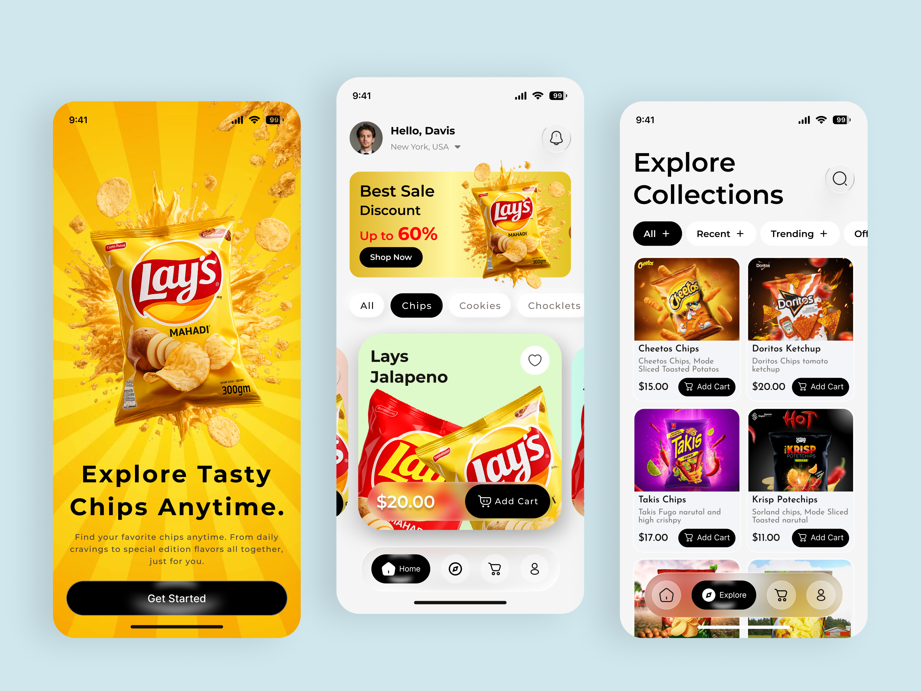 Snacks Ordering App app ui inspiration checkout flow chips app ecommerce app ecommerce ui food app food delivery food ordering app grocery app mobile app mobile app d modern ui online store product card shopping app snack app ui design