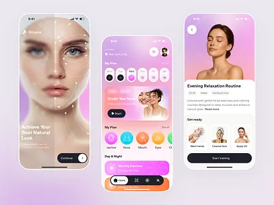 Glowra — Skincare Ritual & Face Yoga App app app design beauty app clean ui face yoga health app ios app meditation app minimal design mobile mobile app mobile app design self care skincare app ui design ux design wellness app