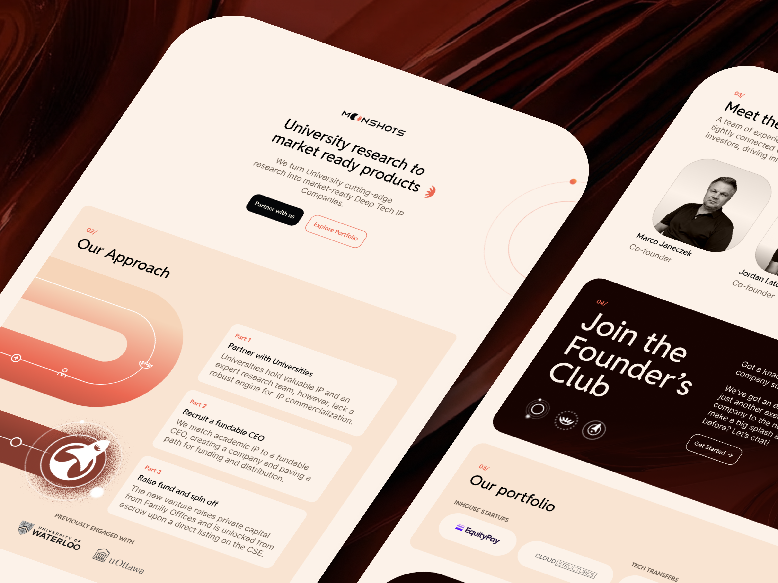 Moonshots Studio: Early Explorations deeptech heropage landing page startup vc warm tone