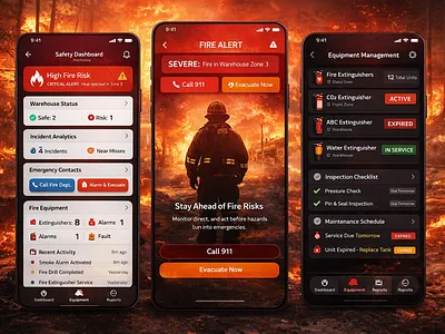 Fire Risk Monitoring & Emergency Response App UI auto layout component system dark ui dashboard ui dribbble emergency app figma figma design fire safety industrial app mobile app mobile app design mobile app ui product design ui design ui ux design ux design