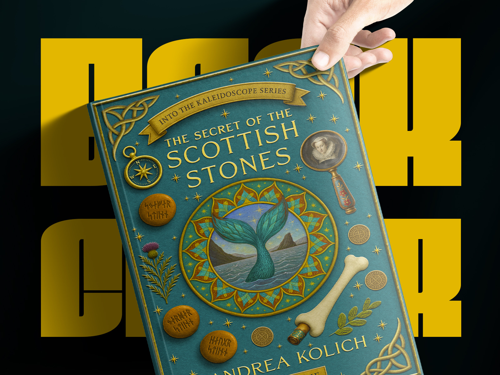 The Secret of the Scottish Stones - Book Cover amazon kdp fantasy celtic design collector style book custom book cover decorative typography detailed illustration cover emblem design fantasy book cover fiction cover design folklore book cover gold foil effect illustrated cover design middle grade fantasy mystical illustration myth inspired design ornamental book cover publishing design scottish folklore series branding young adult fantasy
