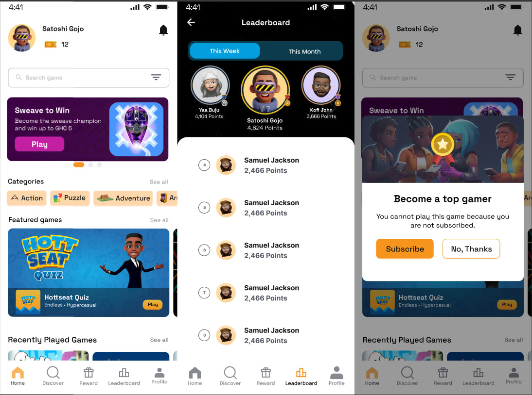 Hottseat Game Hub games mobile app ui desid