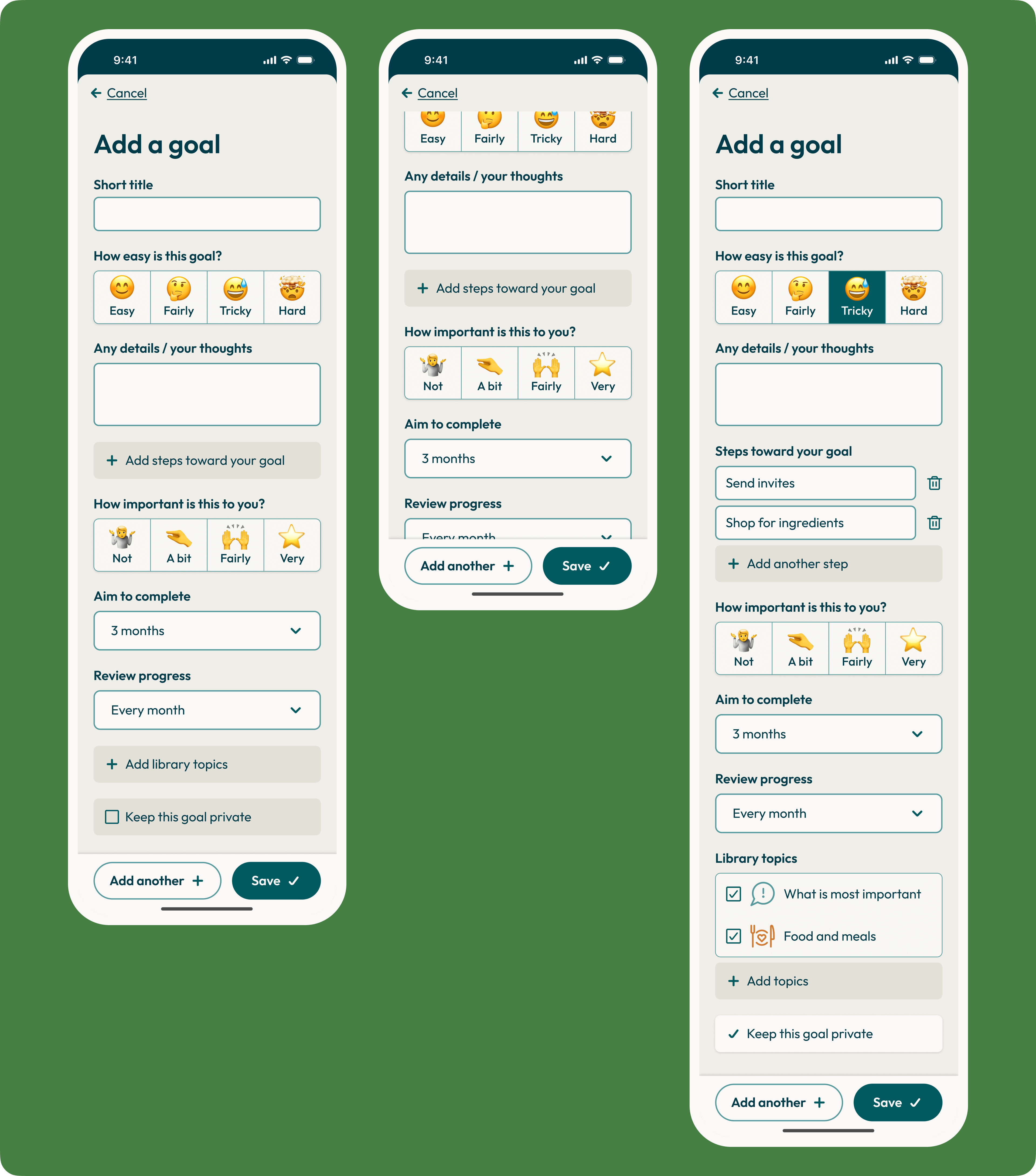 Volition - Add a goal accessibility app gathering data goals high contrast mobile people with disability product design ui web