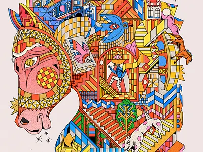 happy lunar new year! animal art chinese creative dessin edition geometric graphic design horse illustration lunar poster print procreate psychedelic yoaz
