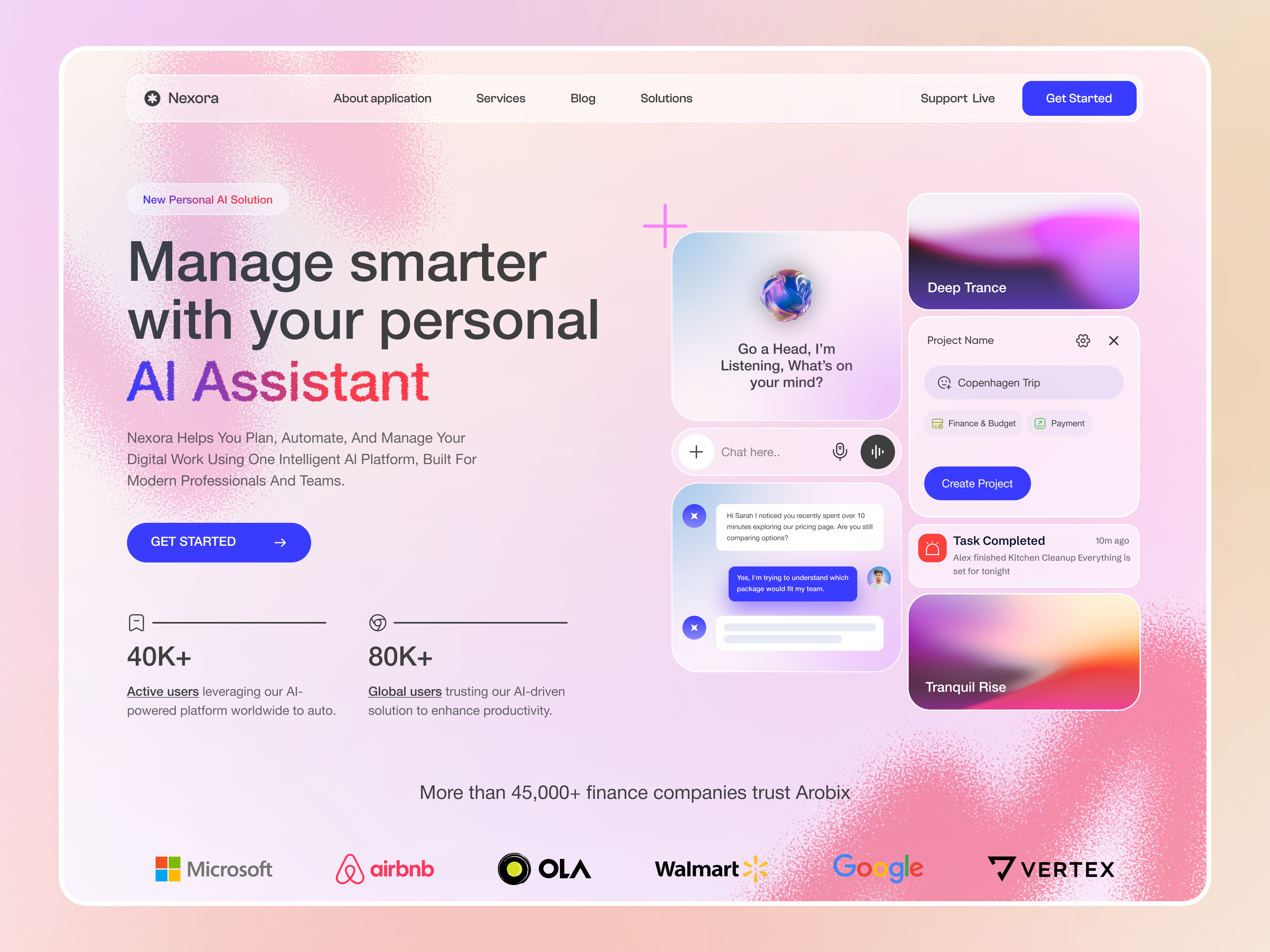 Nexora — Personal AI Assistant Web Experience ai app ai chatbot ai platform ai website design banking web chat interface chatbot design finance finance ai finance app homepage landing page modern website ui saas website design ui ui design web design website website design